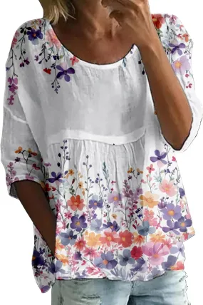 Womens Peasant Boho 3/4 Sleeve Plus Size Hippie Tops 2025 Floral Summer Babydoll Blouse Loose Fit Flowy Tunic Shirts