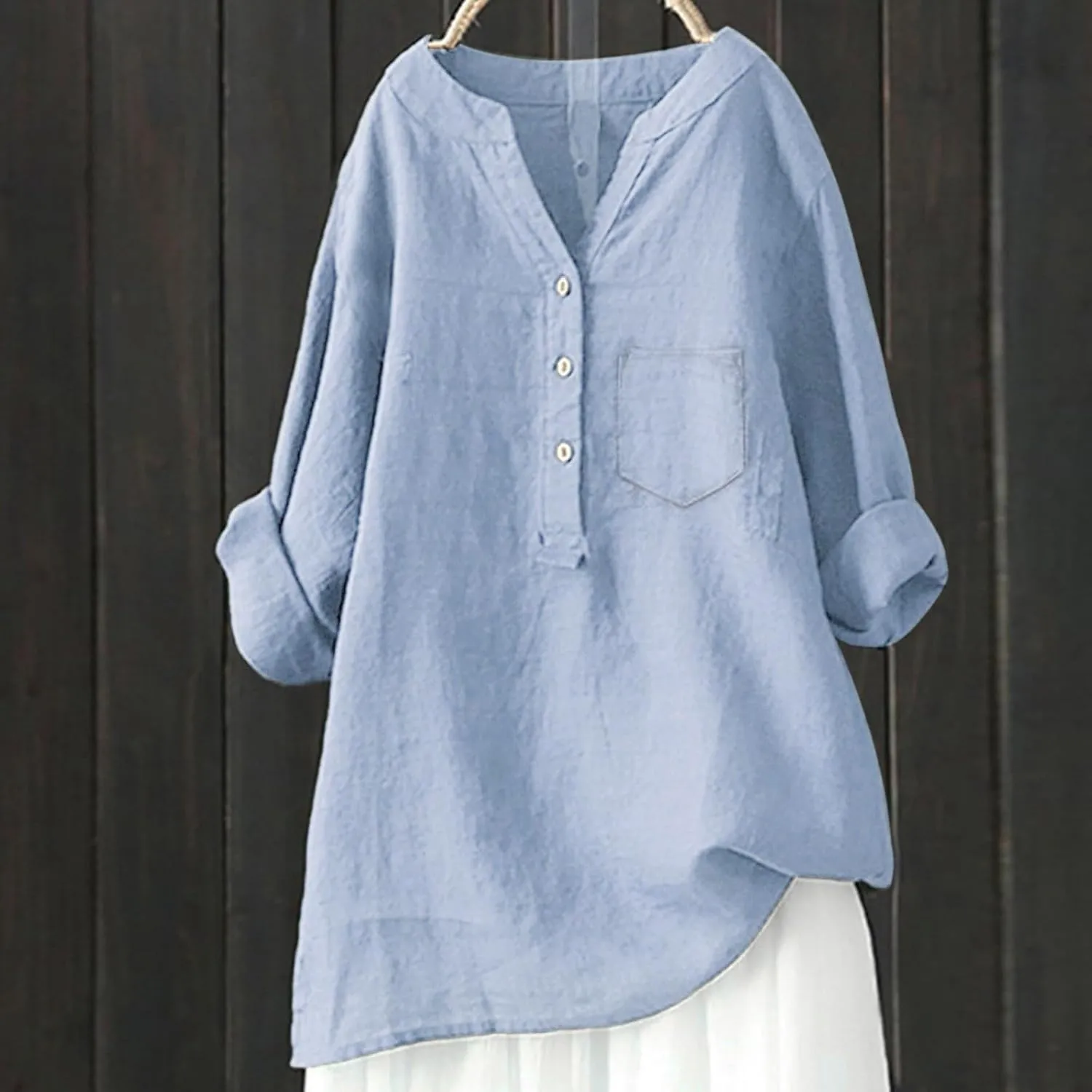 Women's Short Sleeve Cotton Linen Shirt Casual V Neck Trendy T Shirt Collared Button Down Loose Summer Tops